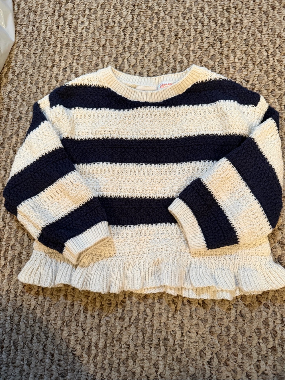 Zara Navy and Cream Striped Ruffle-Hem Sweater